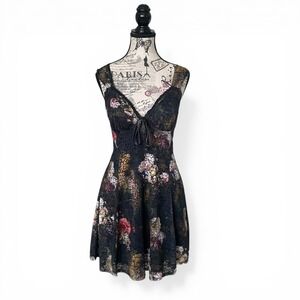 Madden NYC Mini Dress Women L Black Floral Lace Overlay Grunge Dark Fairy Forest
